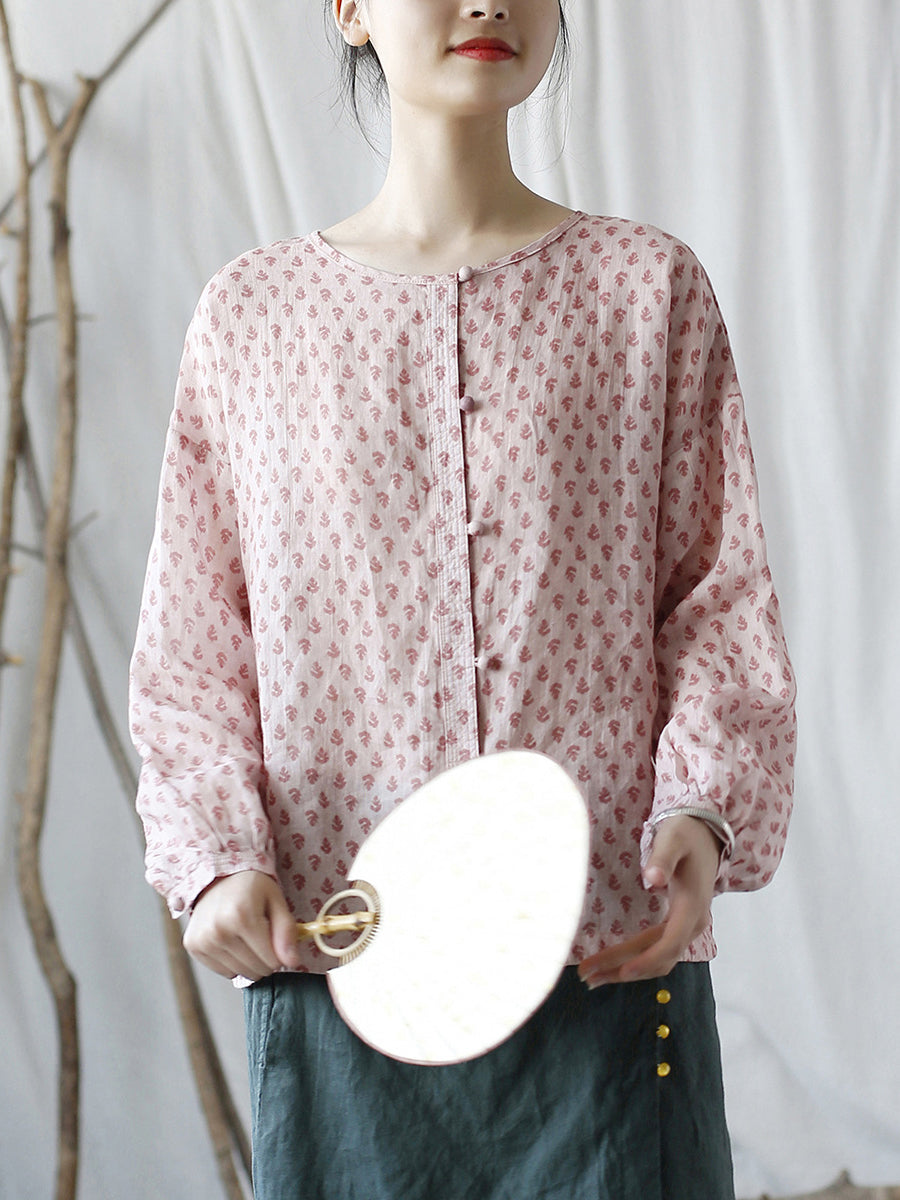 Women Vintage Floral Spring Ramie Button-up Shirt AA1004 Ada Fashion