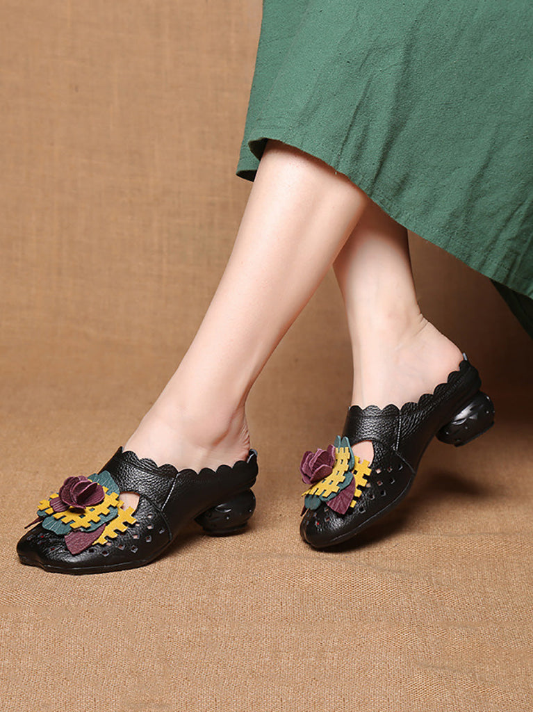 Women Summer Ethnic Leather Flower Spliced Low Heel Sandals FD014 TOYA