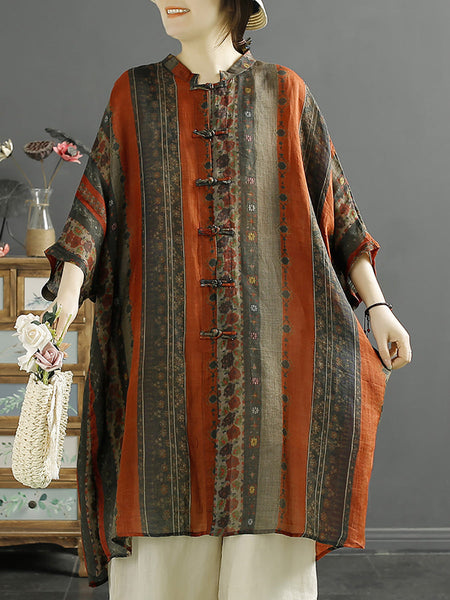 Plus Size Women Summer Stripe Button-up 100%Ramie Shirt Coat KL1032 Ada Fashion