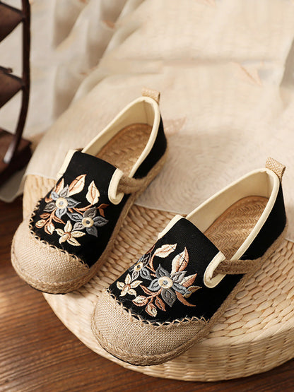 Women Ethnic Flower Embroidery Linen Cotton Flat Shoes AH1062 TACH