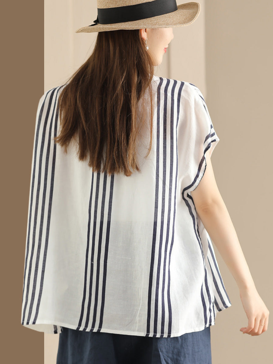 Women Summer Artsy Stripe V-Neck Thin Linen Shirt CV1053 Ada Fashion