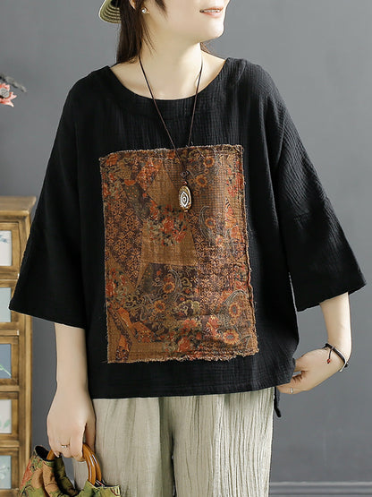 Women Vintage Summer Spliced Cotton O-Neck Shirt SC1050 Ada Fashion