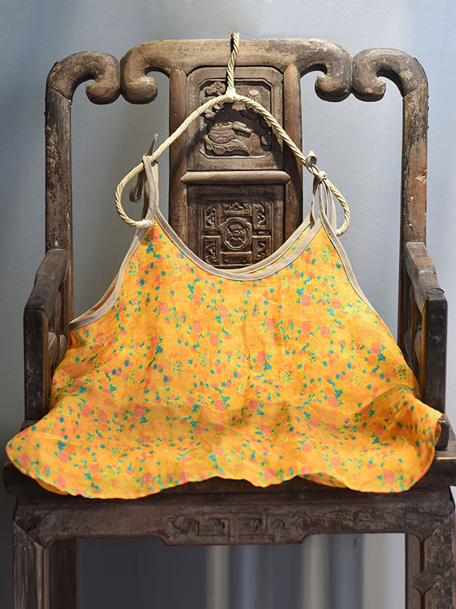 Women Prairie Chic Floral Drawstring Ramie Vest HH001 QYMM