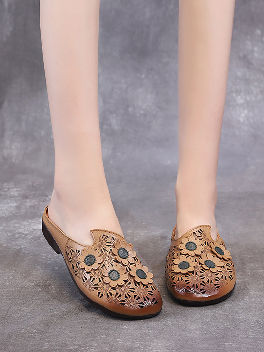 Women Summer Leather Flower Spliced Cutout Slippers OO1019 TJPX