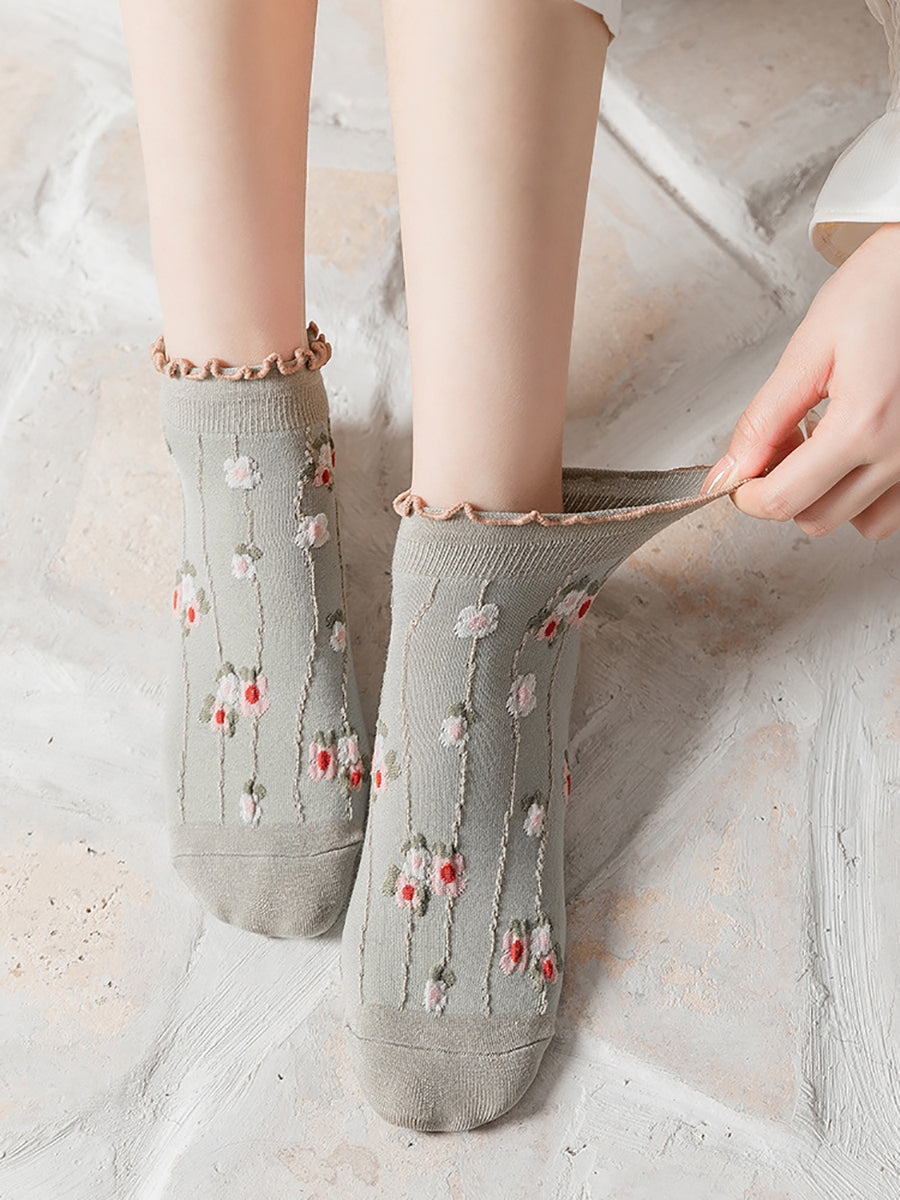 5 Pairs Women Summer Artsy Flower Jacquard Socks OO1032 BUYKUD