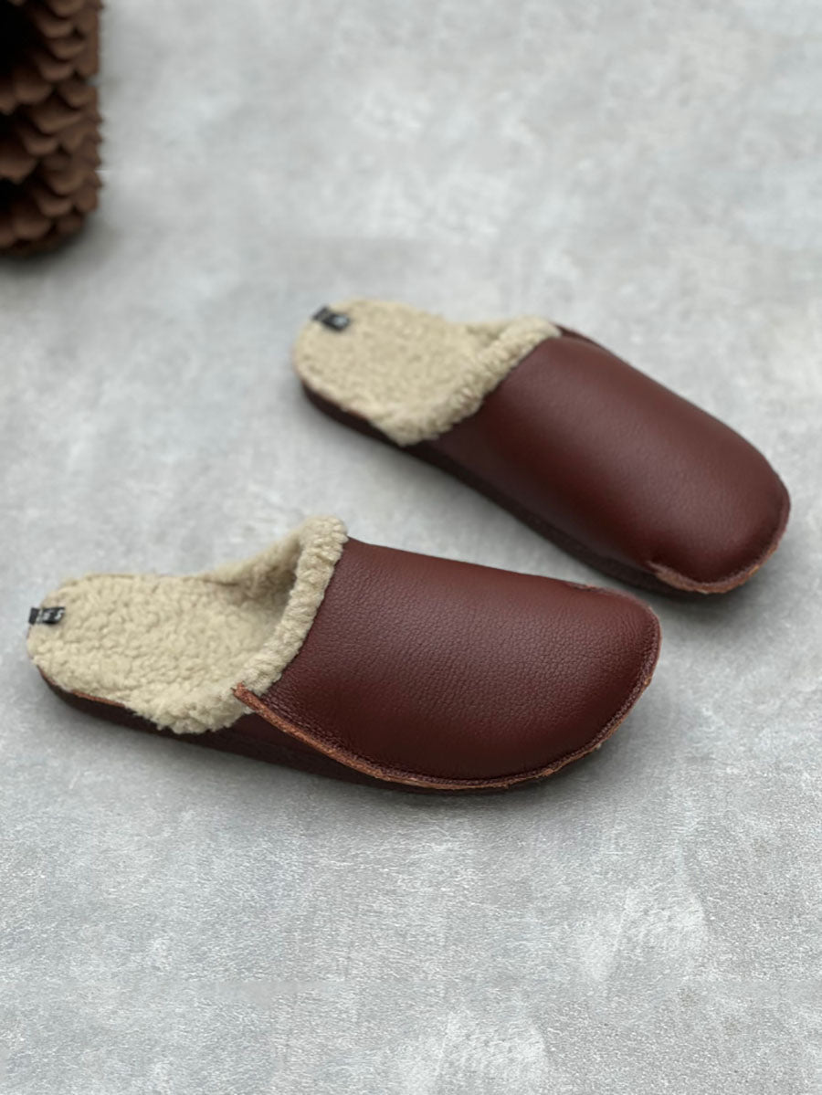 Women Vintage Winter Leather Fleece-lined Flat Slippers AV1041 Genistyle Shop