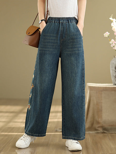 Pants Embroidery Women Wide-leg Retro Denim FashionChic