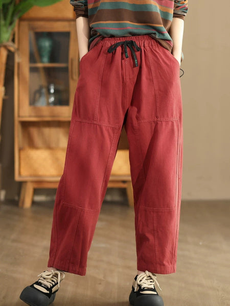 Women Autumn Vintage Solid Spliced Pocket Harem Pants AI1030 BUYKUD