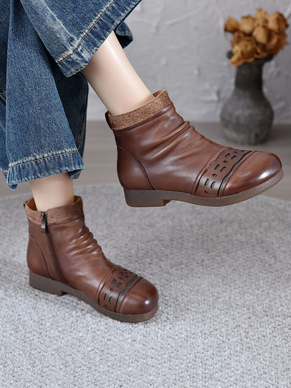 Women Vintage Leather Spliced Low Heel Ankle Boots AV1074 Genistyle Shop