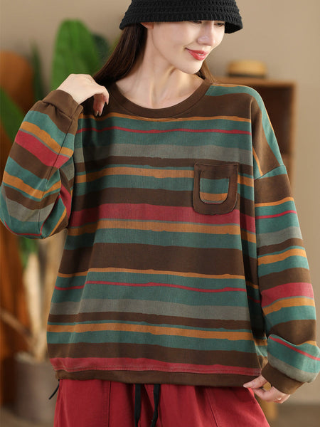 Women Casual Autumn Colorblock Stripe O-Neck Cotton Sweatshirt AI1027 YYMY