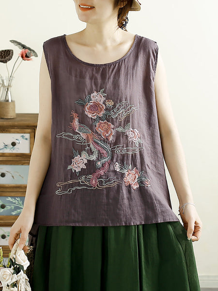 Women Vintage Flower Embroidery Ramie Summer Vest WE1022 Ada Fashion
