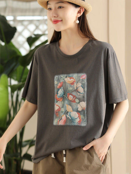 Women Summer Casual Flower Spliced Cotton Shirt CC031 JPFS