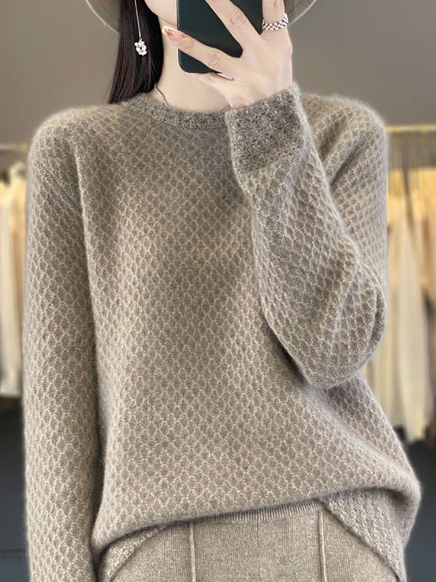Women Autumn Solid Knit 100%Wool O-Neck Sweater QM005 BK