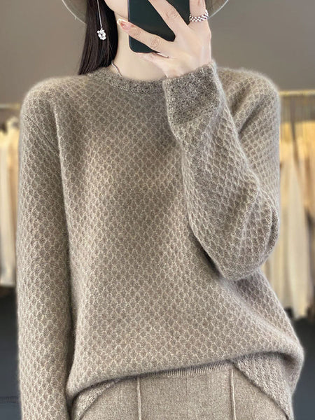 Women Autumn Solid Knit 100%Wool O-Neck Sweater QM005 BK