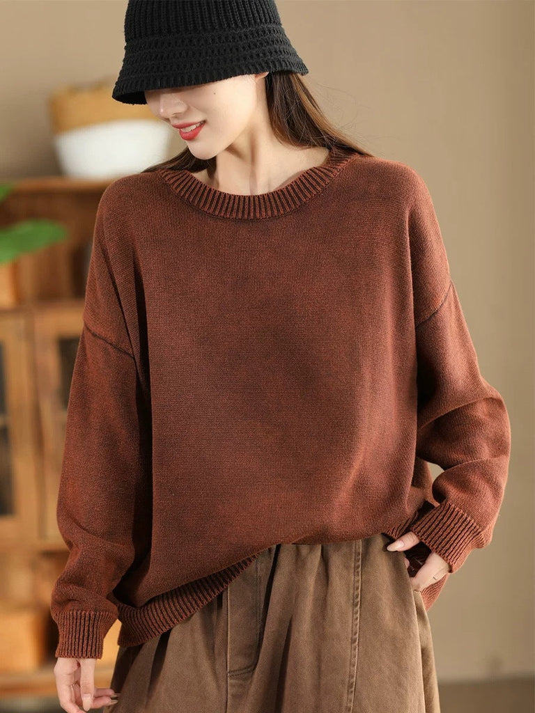 Women Autumn Casual O-Neck Pure Color Knit Sweater AK1028 Genistyle Shop