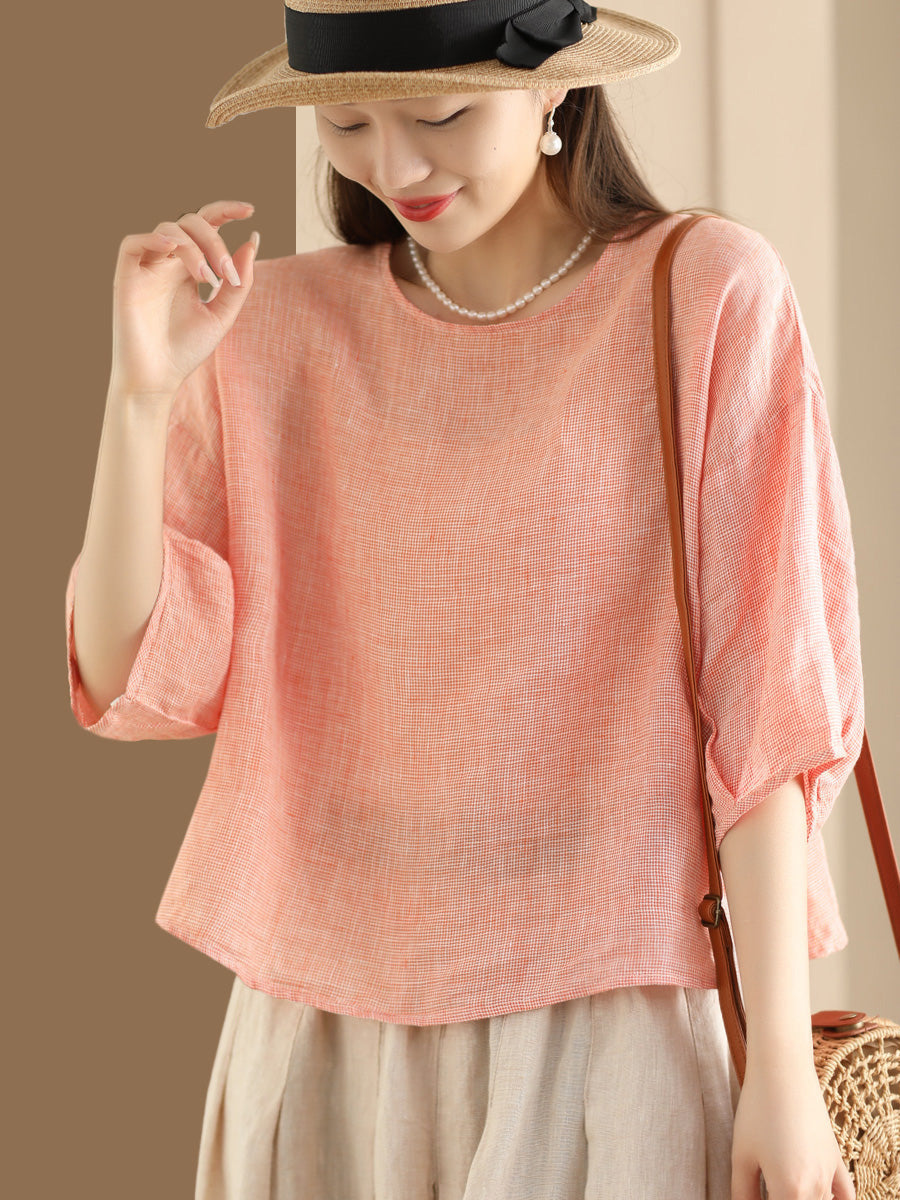 Women Summer Artsy Plaid Linen Loose Shirt KL1011 Ada Fashion