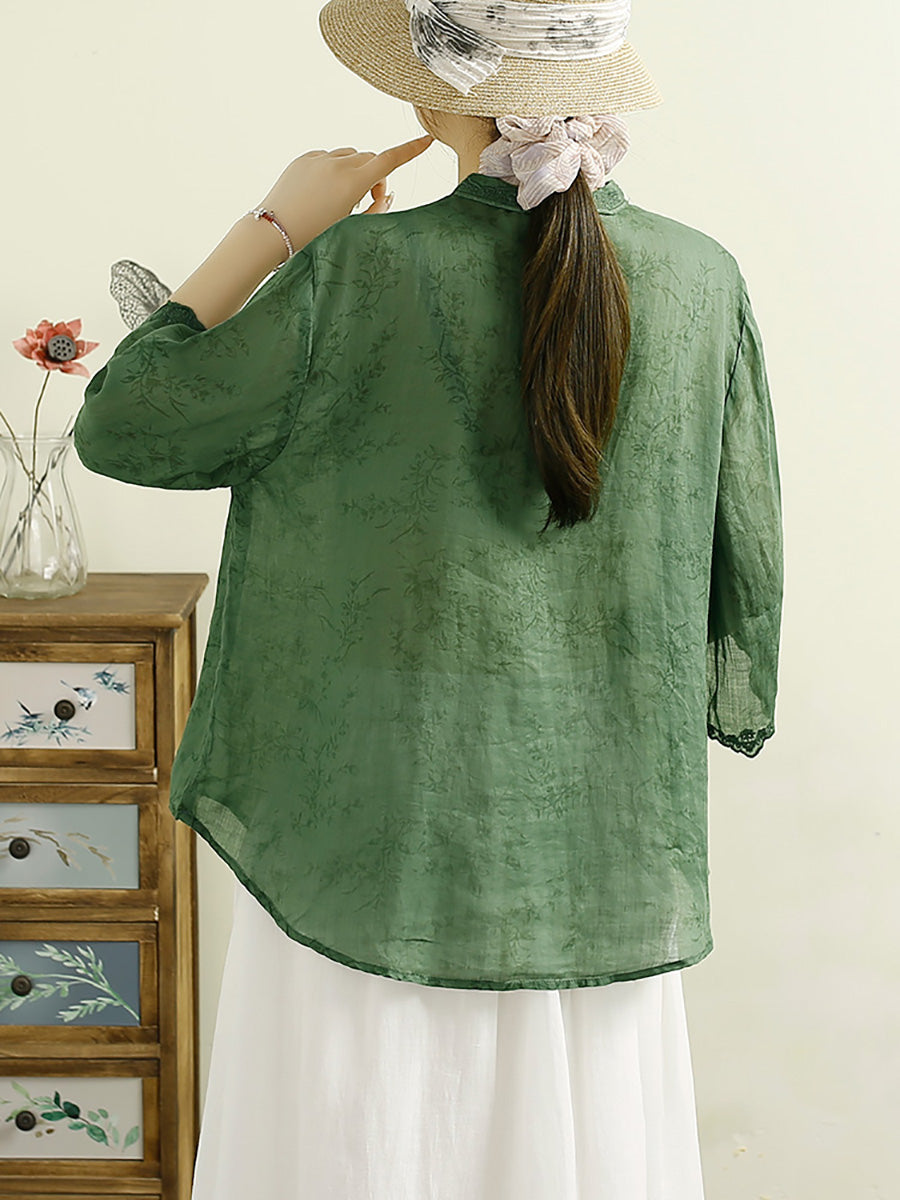 Women Summer Ethnic Floral Embroidery Thin Ramie Shirt HH041 LSFZ