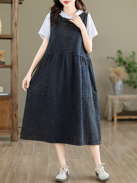 Women Casual Summer Solid Denim Vest Dress XX1026 Ada Fashion