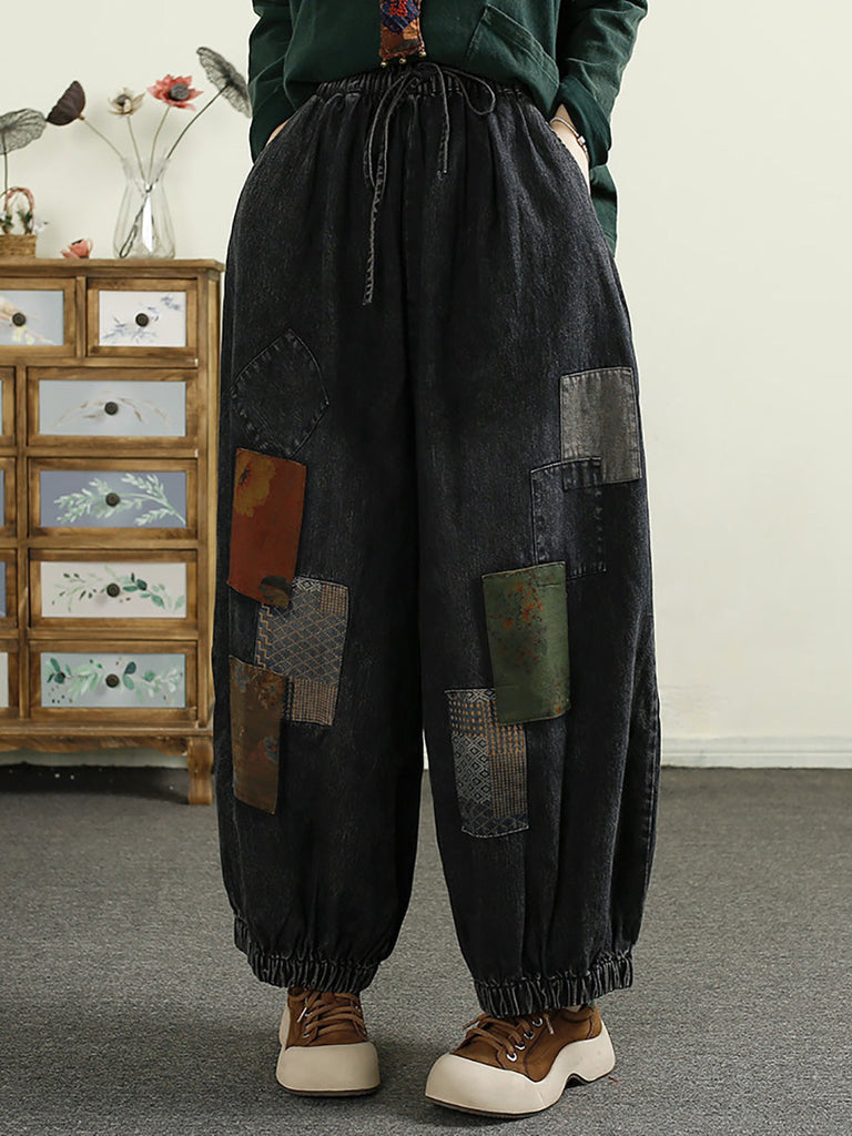 Women Autumn Patch Spliced Denim Harem Pants AI1053 BUYKUD