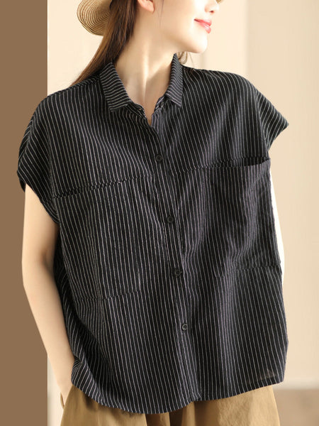 Women Artsy Summer Stripe Linen Button-up Shirt SC1046 Ada Fashion