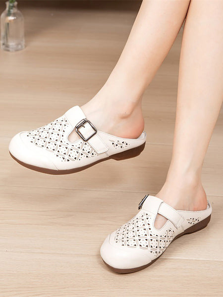 Heel Hollow Out Genuine Low Leather Women Shoes Vintage FashionChic