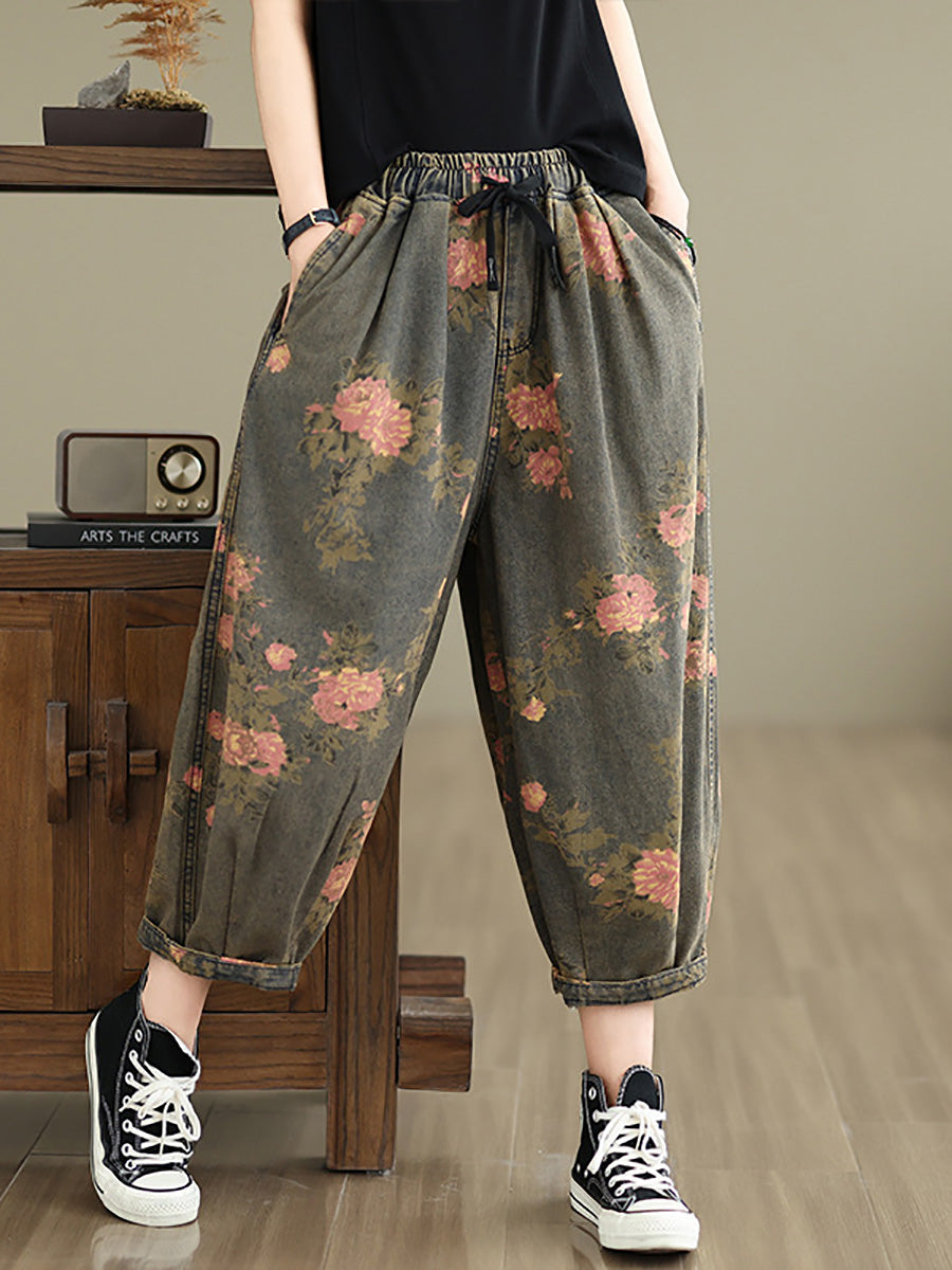 Women Summer Vintage Flower Denim Harem Pants LL034 BUYKUD