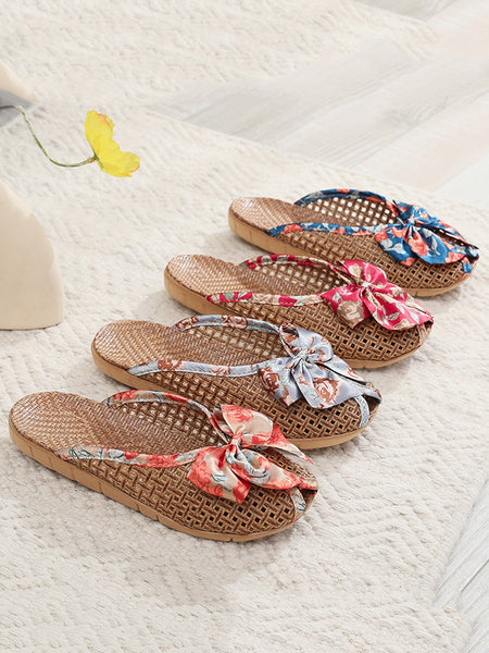 Bowknot Ethnic Weave Women Indoor Slippers Straw Flower FashionChic