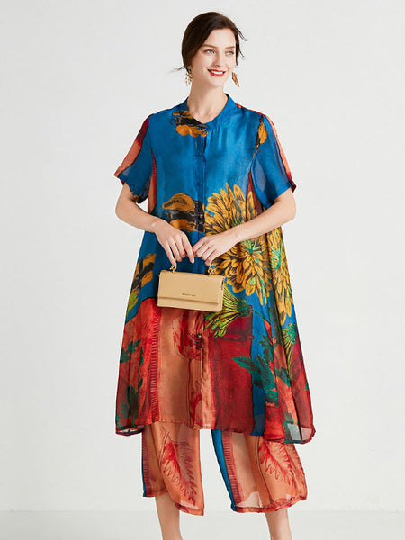 Plus Size Women Artsy Flower Spliced Long Shirt+Pants HH053 BK