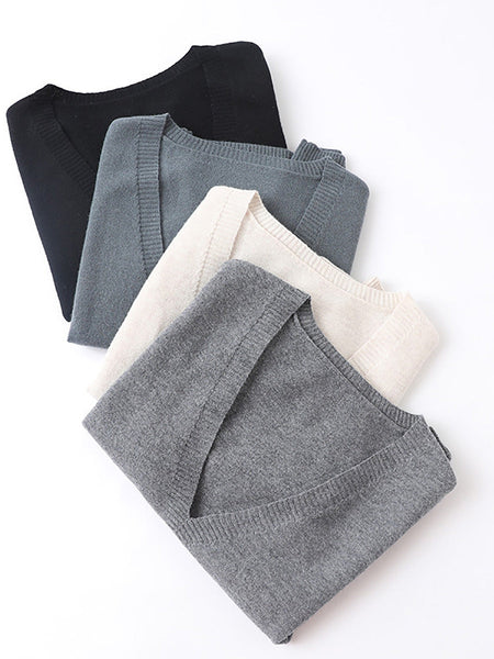 Women Casual Wool Solid V-Neck Knit Vest AK1045 Genistyle Shop
