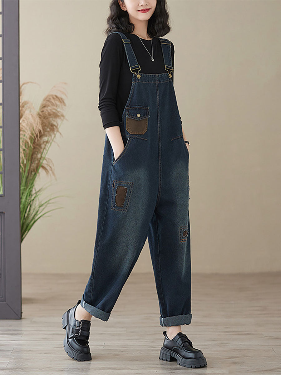 Women Autumn Retro Patchwork Denim Pocket Jumpsuits AI1048 BUYKUD