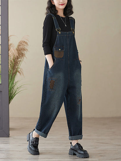 Women Autumn Retro Patchwork Denim Pocket Jumpsuits AI1048 BUYKUD