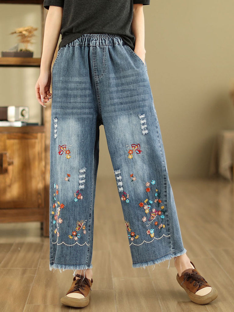 Women Summer Retro Embroidery Frayed Straight Denim Pants AS1042 Ada Fashion