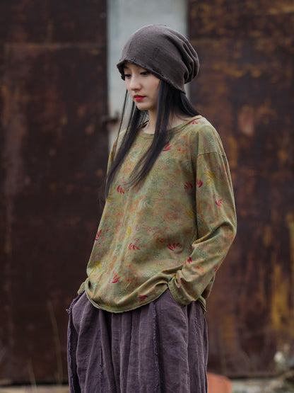 Women Vintage Autumn O-Neck Flower Cotton Blouse AT1008 BUYKUD