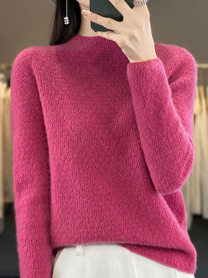 Women Autumn Casual Solid Knit 100%Wool O-Neck Sweater WU010 BK