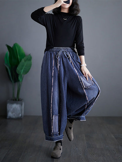 Women Summer Vintage Denim Patch Spliced Harem Pants FD031 ZMFS