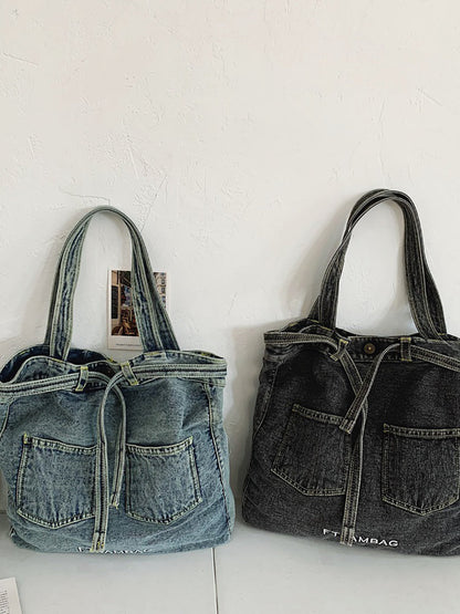 Women Vintage Solid Pocket Denim Handbag Shoulder Bag BN1033 Ada Fashion