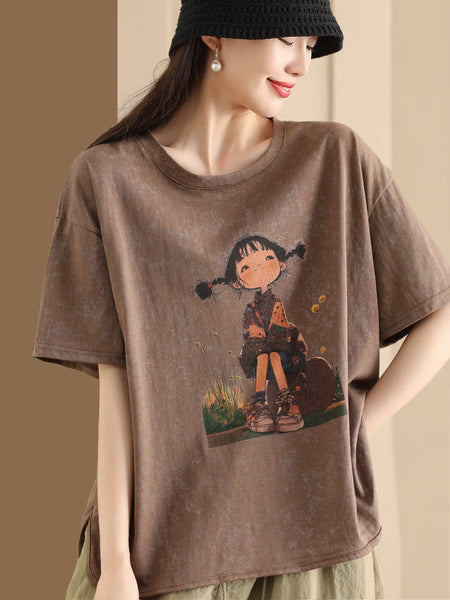 Women Summer Casual Print Retro Pullover Cotton Shirt OO1047 ZMMM