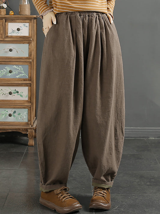 Plus Size Women Vintage Autumn 100%Linen Pure Color Harem Pants AT1072 BK
