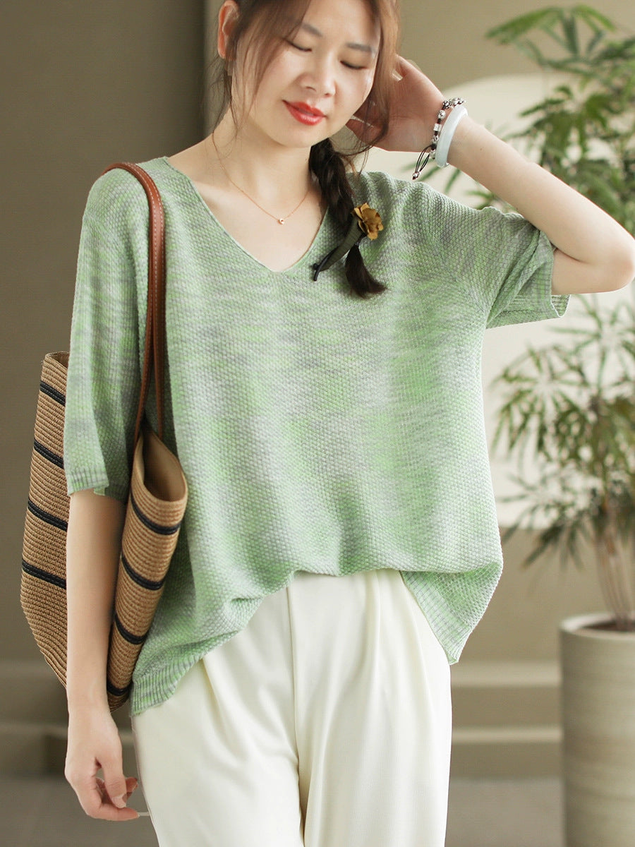 Women Summer Casual Knitted Linen V-Neck Shirt WE1029 Ada Fashion