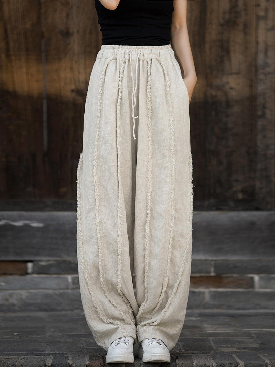 Women Ethnic Solid Raw-edge Wide-leg Ramie Pants FD053 BXF