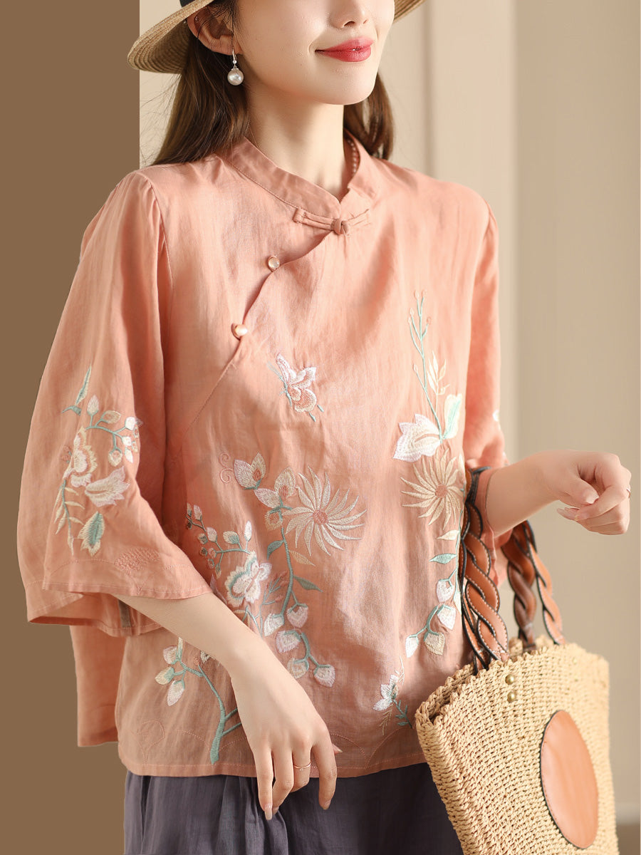 Women Vintage Floral Embroidery Ramie Stand Collar Shirt WE1038 Ada Fashion