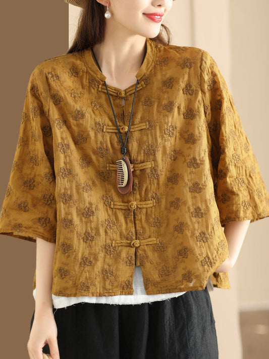 Women Ethnic Flower Jacquard Button-up Ramie Blouse SC1023 Ada Fashion