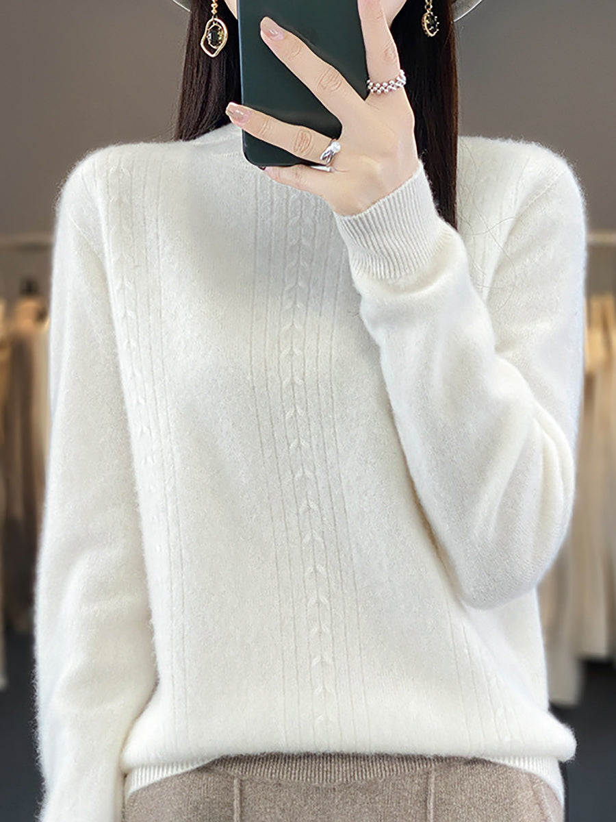 Women Autumn Solid Cable Knit 100%Wool Half Turtleneck Sweater QN028 BK