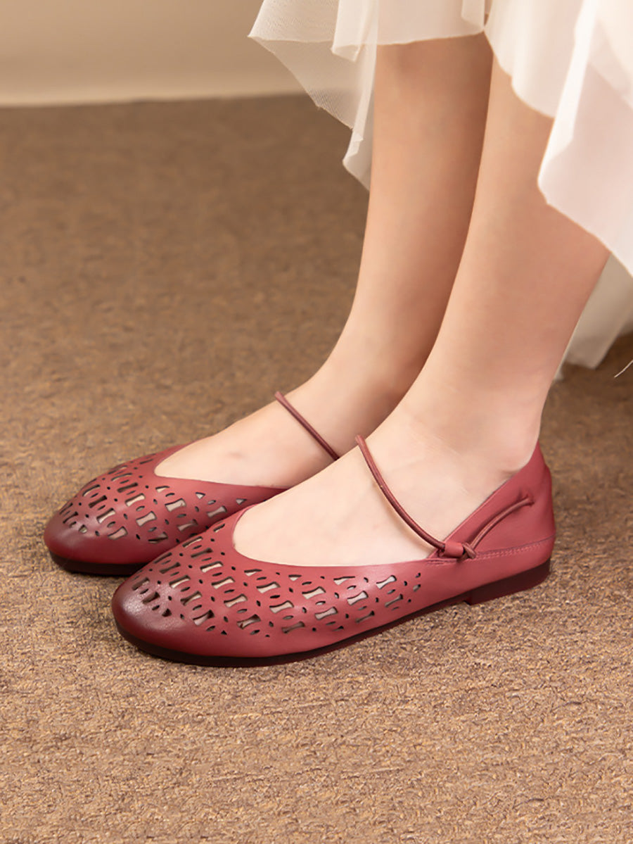 Women Artsy Summer Genuine Leather Cutout Flat Shoes LL052 GZWR