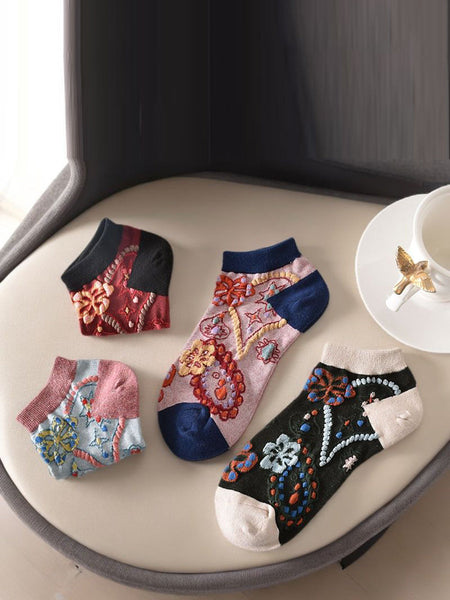 5 Pairs Women Summer Flower Jacquard Short Socks CO1040 Ada Fashion