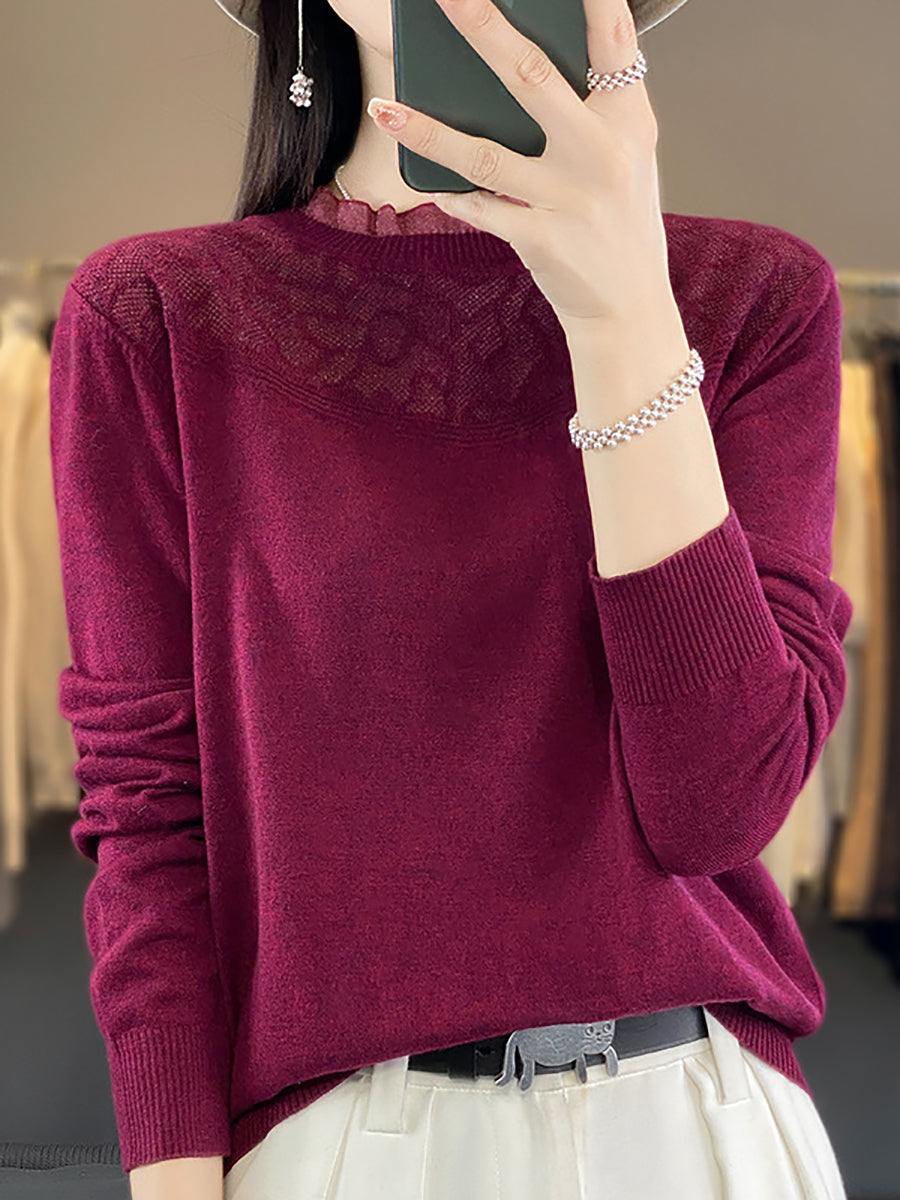 Women Autumn Lacework Neck 100%Wool Loose Sweater QM020 BK