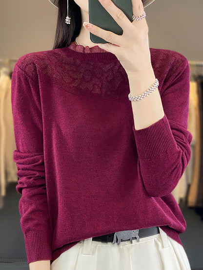 Women Autumn Lacework Neck 100%Wool Loose Sweater QM020 BK