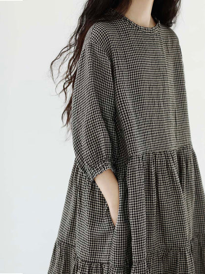 Plus Size Women Artsy Plaid Spliced 100%Cotton Tiered Dress SC1064 Ada Fashion