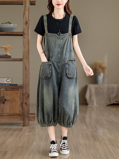 Women Retro Summer Solid Pocket Denim Jumpsuits FG1035 Ada Fashion