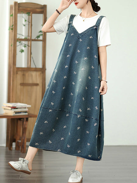 Dress Overall Denim Bowknot Women Summer Embroidery FashionChic